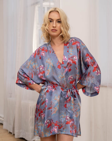 Silk Short Kimono Feather Flowers