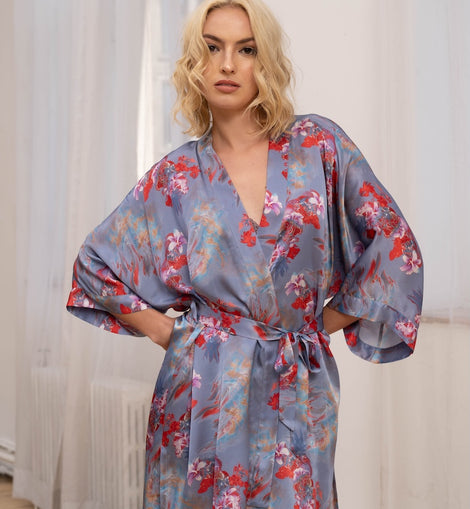 Silk Short Kimono Feather Flowers