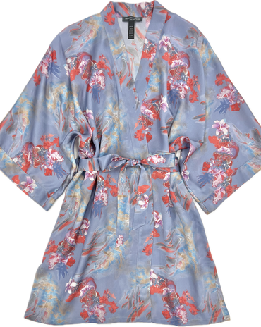 Silk Short Kimono Feather Flowers